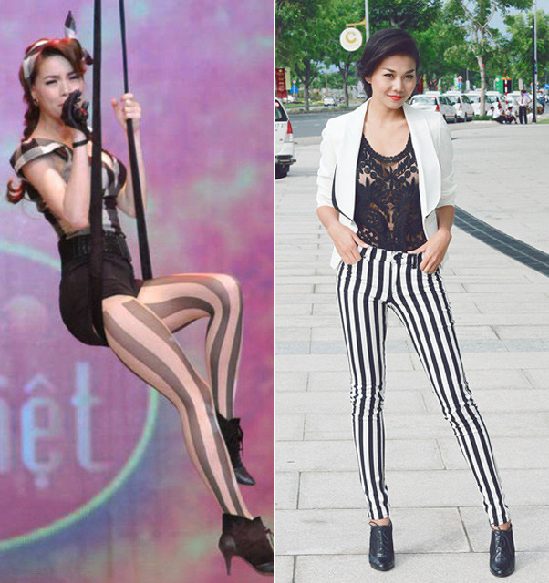 Vẫn chiếc quần skinny kẻ sọc giống như Bảo Anh, nhưng bằng cách kết hợp khác, trông Thanh Hằng thật trẻ trung và cá tính. Vẫn chiếc quần skinny kẻ sọc giống như Bảo Anh, nhưng bằng cách kết hợp khác, trông Thanh Hằng thật trẻ trung và cá tính.