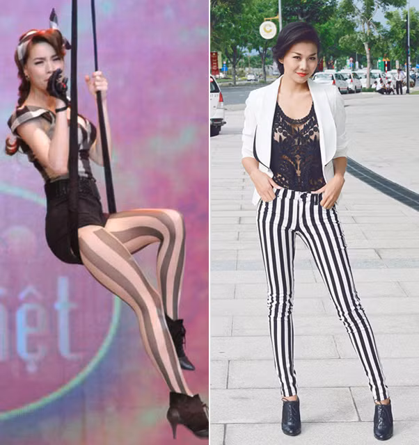Vẫn chiếc quần skinny kẻ sọc giống như Bảo Anh, nhưng bằng cách kết hợp khác, trông Thanh Hằng thật trẻ trung và cá tính. Vẫn chiếc quần skinny kẻ sọc giống như Bảo Anh, nhưng bằng cách kết hợp khác, trông Thanh Hằng thật trẻ trung và cá tính.
