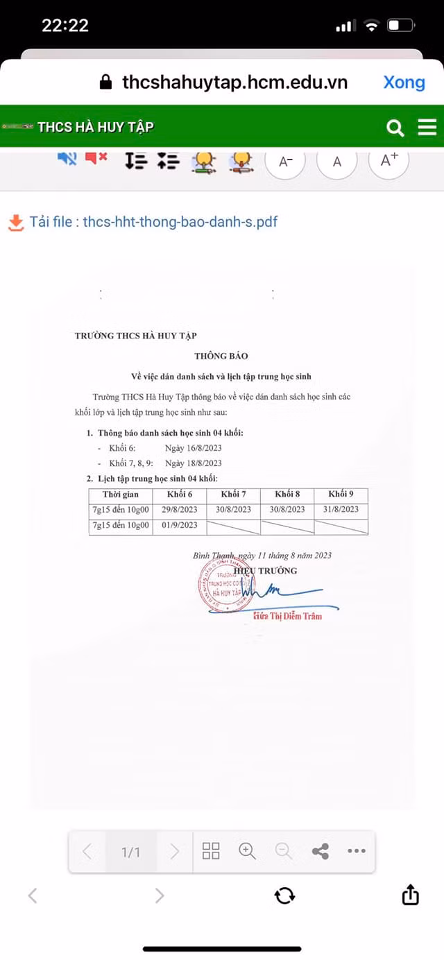 Thông báo tập trung học sinh của Trường trung học cơ sở Hà Huy Tập, Quận Bình Thạnh (ảnh chụp màn hình)