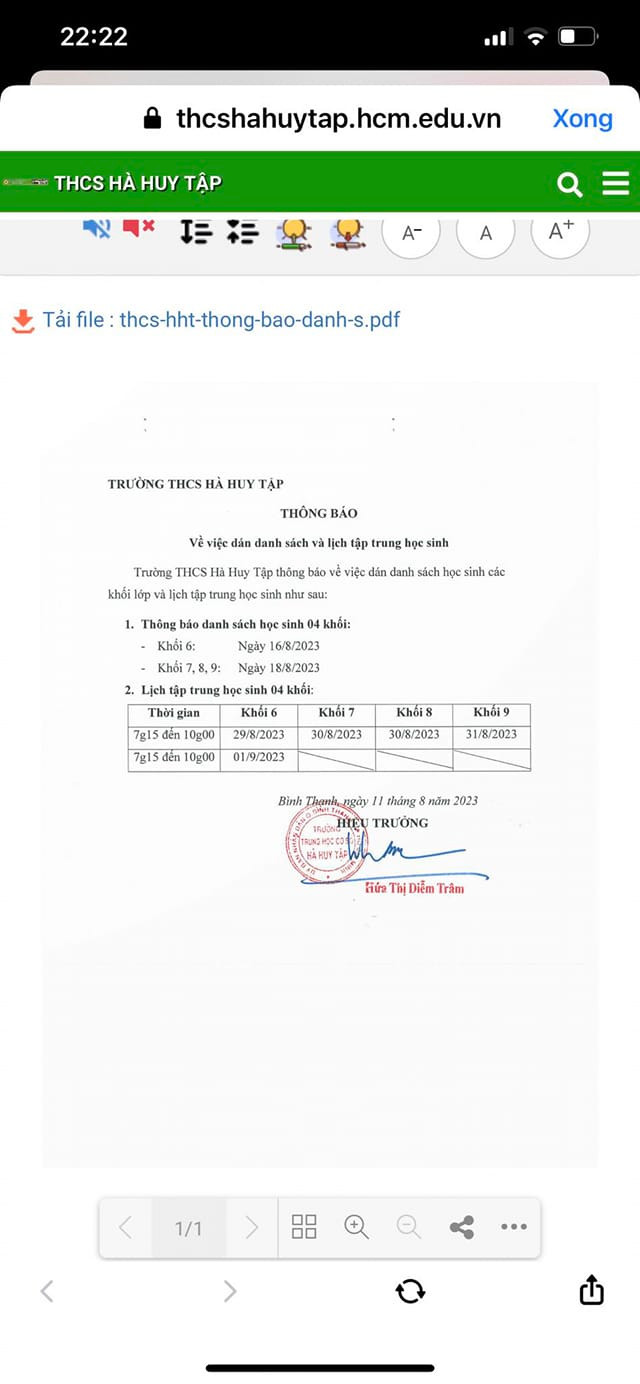 Thông báo tập trung học sinh của Trường trung học cơ sở Hà Huy Tập, Quận Bình Thạnh (ảnh chụp màn hình) Thông báo tập trung học sinh của Trường trung học cơ sở Hà Huy Tập, Quận Bình Thạnh (ảnh chụp màn hình)
