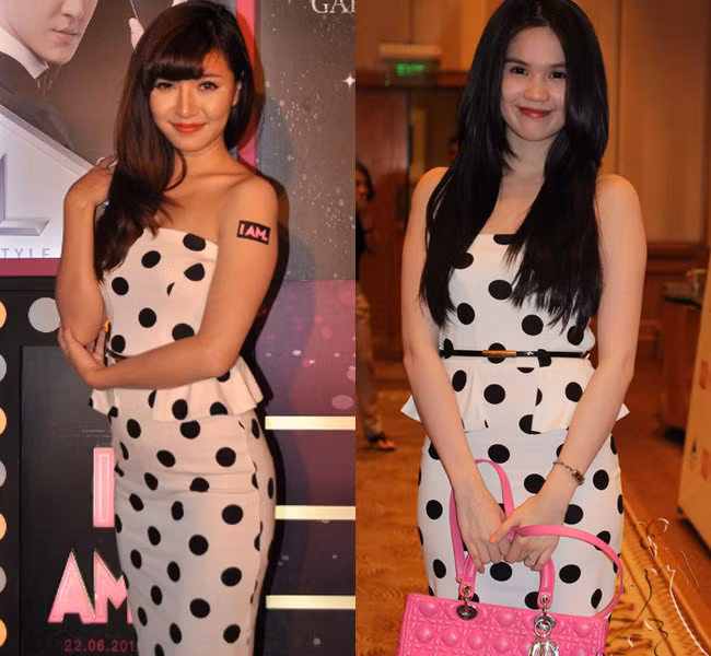 Bích Phương Idol và Ngọc Trinh “đụng hàng” mẫu váy peplum chấm bi.