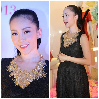 Chiếc statemnet đính đá chùm này thực sự đã hoàn thiện sự sang trọng và đẳng cấp cho chiếc váy ren đen cô đang mặc.