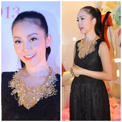 Chiếc statemnet đính đá chùm này thực sự đã hoàn thiện sự sang trọng và đẳng cấp cho chiếc váy ren đen cô đang mặc.