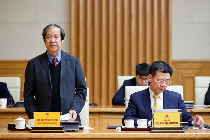 Bộ trưởng Bộ Giáo dục và Đào tạo Nguyễn Kim Sơn phát biểu tại cuộc làm việc. Ảnh: VGP/Nhật Bắc