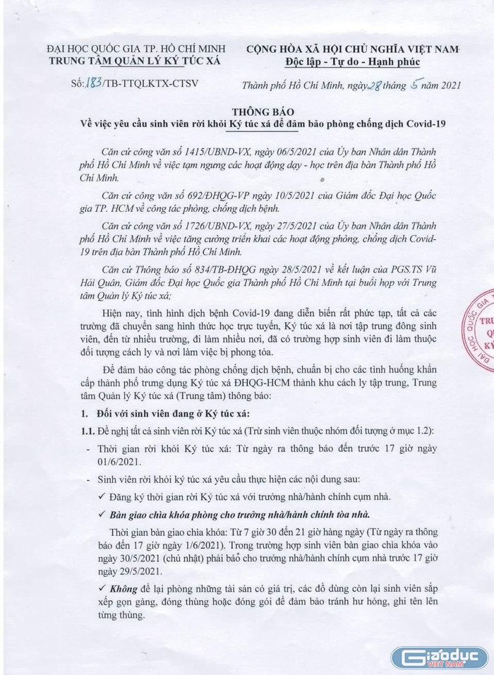 Trích văn bản 183 của Trung tâm Quản lý Ký túc xá, Đại học Quốc gia (ảnh: P.L)