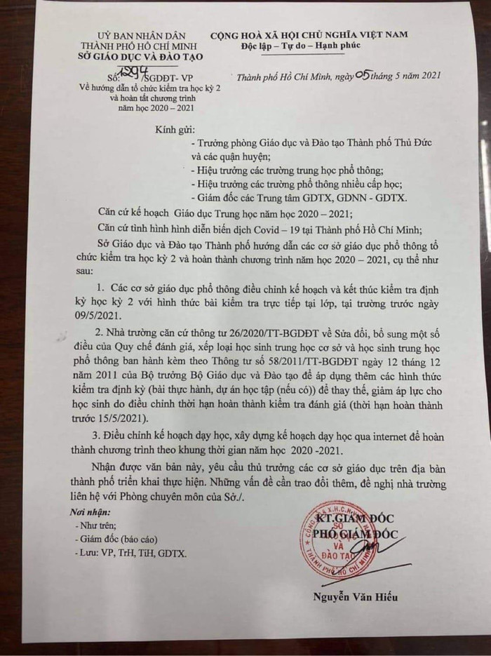 Văn bản 1294 của Sở Giáo dục và Đào tạo Thành phố Hồ Chí Minh (ảnh: P.L) Văn bản 1294 của Sở Giáo dục và Đào tạo Thành phố Hồ Chí Minh (ảnh: P.L)