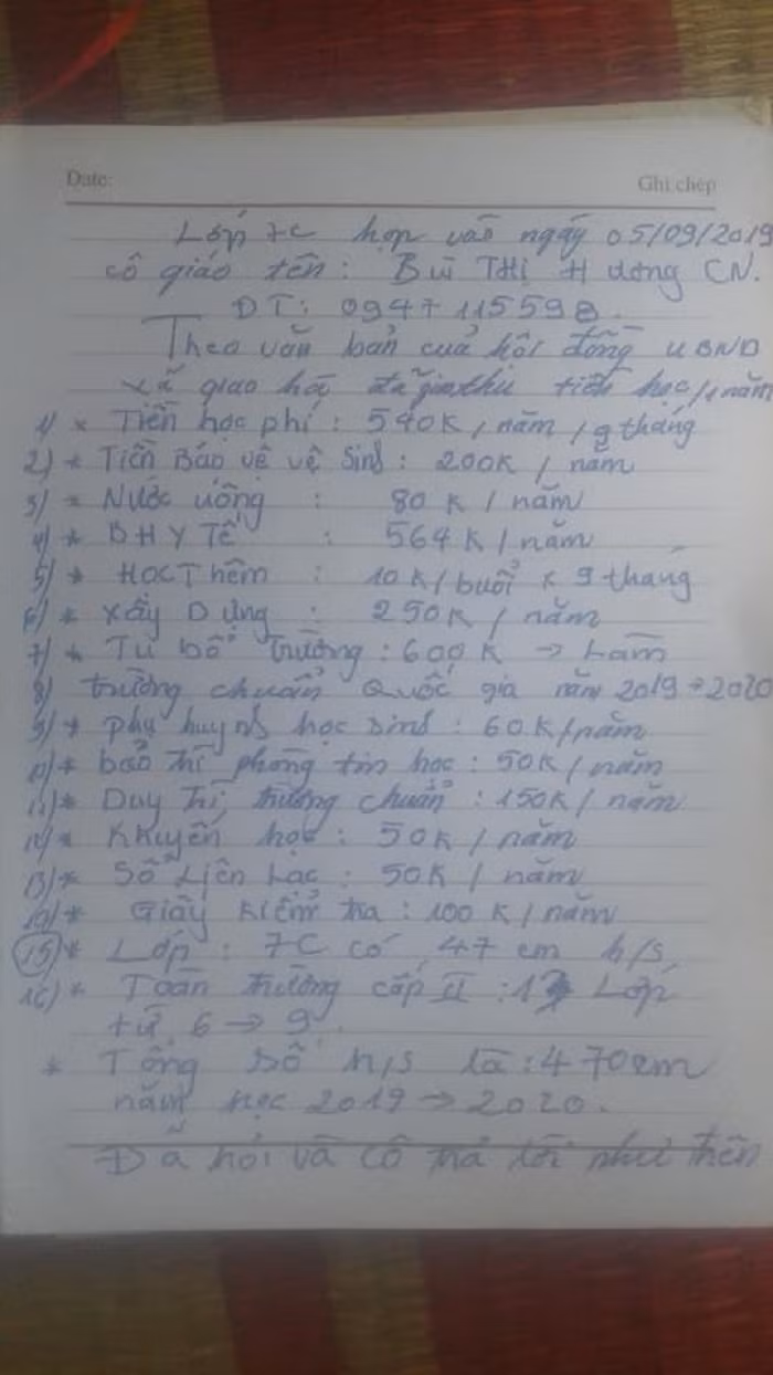 Những khoản thu "lạ" tại trường cấp 2 Giao Hà (Ảnh: Phụ huynh cung cấp)