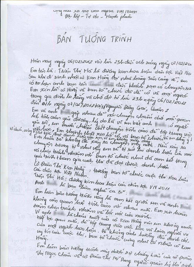 Bản tường trình viết tay của Hoa hậu Triệu Thị Hà gửi bà Kim Hồng Bản tường trình viết tay của Hoa hậu Triệu Thị Hà gửi bà Kim Hồng