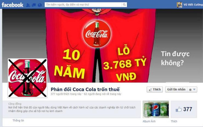 Người tiêu dùng lập ra nhiều trang trên Facebook, kêu gọi tẩy chay Coca-Cola nếu công ty này vẫn chưa minh bạch nghi án chuyển giá, né thuế. Người tiêu dùng lập ra nhiều trang trên Facebook, kêu gọi tẩy chay Coca-Cola nếu công ty này vẫn chưa minh bạch nghi án chuyển giá, né thuế.
