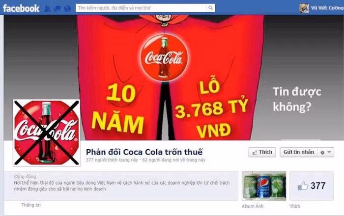 Người tiêu dùng lập ra nhiều trang trên Facebook, kêu gọi tẩy chay Coca-Cola nếu công ty này vẫn chưa minh bạch nghi án chuyển giá, né thuế.