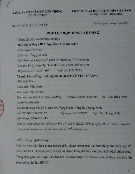 Hợp đồng lao động giữa anh V.Cường và TV Shopping. Hợp đồng lao động giữa anh V.Cường và TV Shopping.