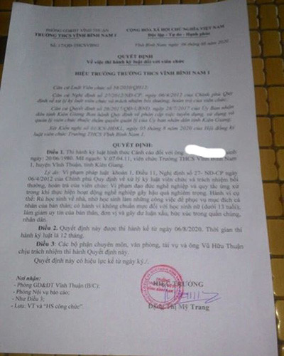 Quyết định kỷ luật cảnh cáo của thầy T. (ảnh: P.L)