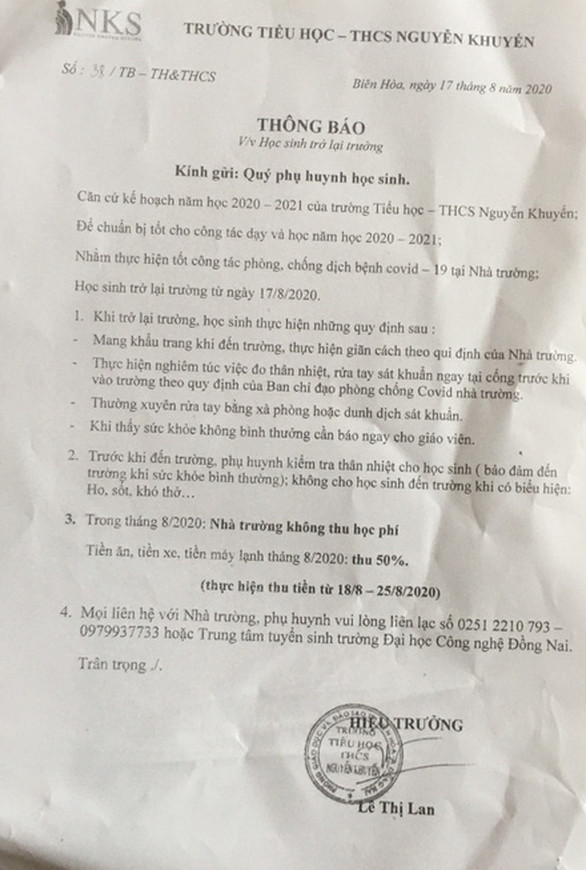 Thông báo tập trung học sinh trở lại của trường Nguyễn Khuyến (ảnh: CTV) Thông báo tập trung học sinh trở lại của trường Nguyễn Khuyến (ảnh: CTV)
