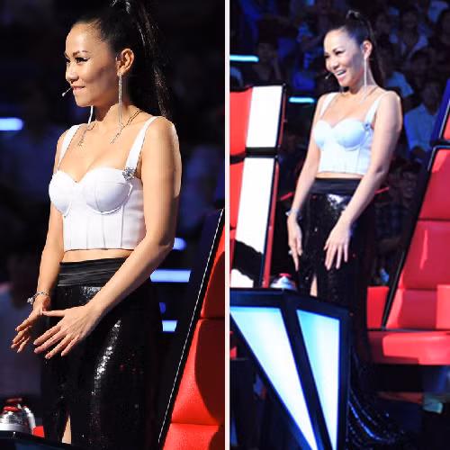 Trong tập đầu tiên phát sóng của chương trình The Voice 2012, Thu Minh rất thu hút với bộ crop top sang trọng, gợi cảm vừa đủ. Chiếc váy kiểu dáng nàng tiên cá được làm sáng bởi sequin lóng lánh, nó càng sexy hơn với đường xẻ đùi cao, khiêu khích ánh nhìn hâm mộ.