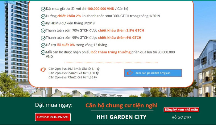 Một bảng quảng cáo căn hộ tòa nhà HH1 dự án FLC Garden City. Ảnh: chụp từ màn hình. Một bảng quảng cáo căn hộ tòa nhà HH1 dự án FLC Garden City. Ảnh: chụp từ màn hình.