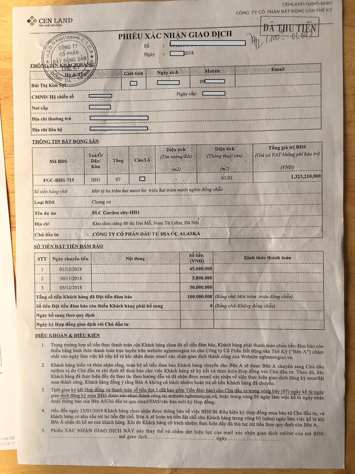 Phiếu đặt cọc giữ chỗ mua căn hộ tòa HH1 dự án FLC Garden City. Ảnh: NVCC. Phiếu đặt cọc giữ chỗ mua căn hộ tòa HH1 dự án FLC Garden City. Ảnh: NVCC.