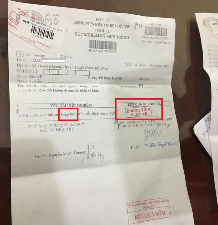 Kết quả xét nghiệm con anh N. đang theo học tại Trường mầm non Thanh Khương bị nhiễm sán lợn. Ảnh: NVCC. Kết quả xét nghiệm con anh N. đang theo học tại Trường mầm non Thanh Khương bị nhiễm sán lợn. Ảnh: NVCC.