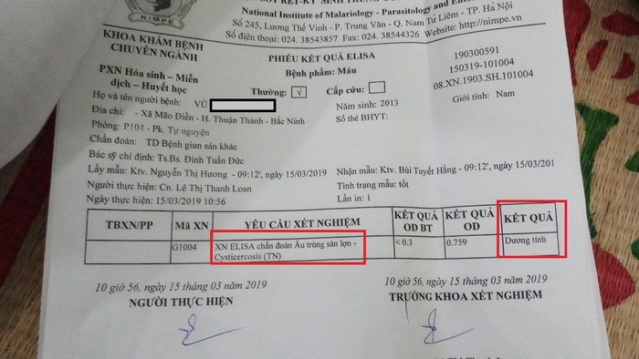 Một trường hợp xã Mão Điền dương tính với ấu trùng sán lợn. Ảnh: V.P. Một trường hợp xã Mão Điền dương tính với ấu trùng sán lợn. Ảnh: V.P.