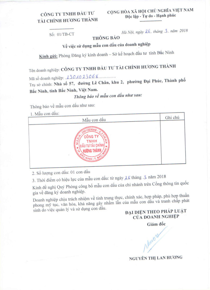 Thông tin mẫu dấu cũng như địa chỉ Công ty trách nhiệm hữu hạn Hương Thành. Ảnh: Chụp văn bản cổng thông tin doanh nghiệp. Thông tin mẫu dấu cũng như địa chỉ Công ty trách nhiệm hữu hạn Hương Thành. Ảnh: Chụp văn bản cổng thông tin doanh nghiệp.