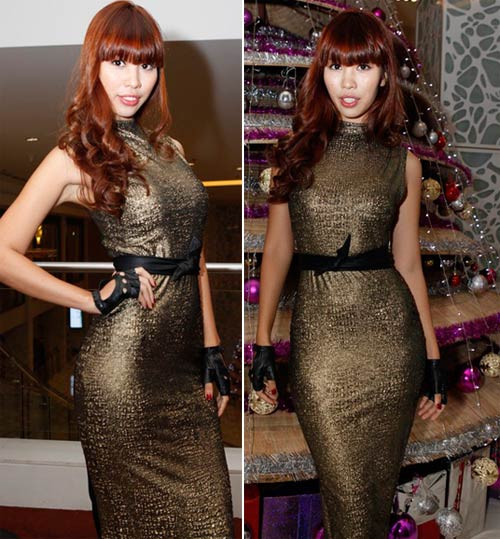 Hà Anh dùng một chiếc belt màu đen để nhấn nhá vùng eo của mình Hà Anh dùng một chiếc belt màu đen để nhấn nhá vùng eo của mình