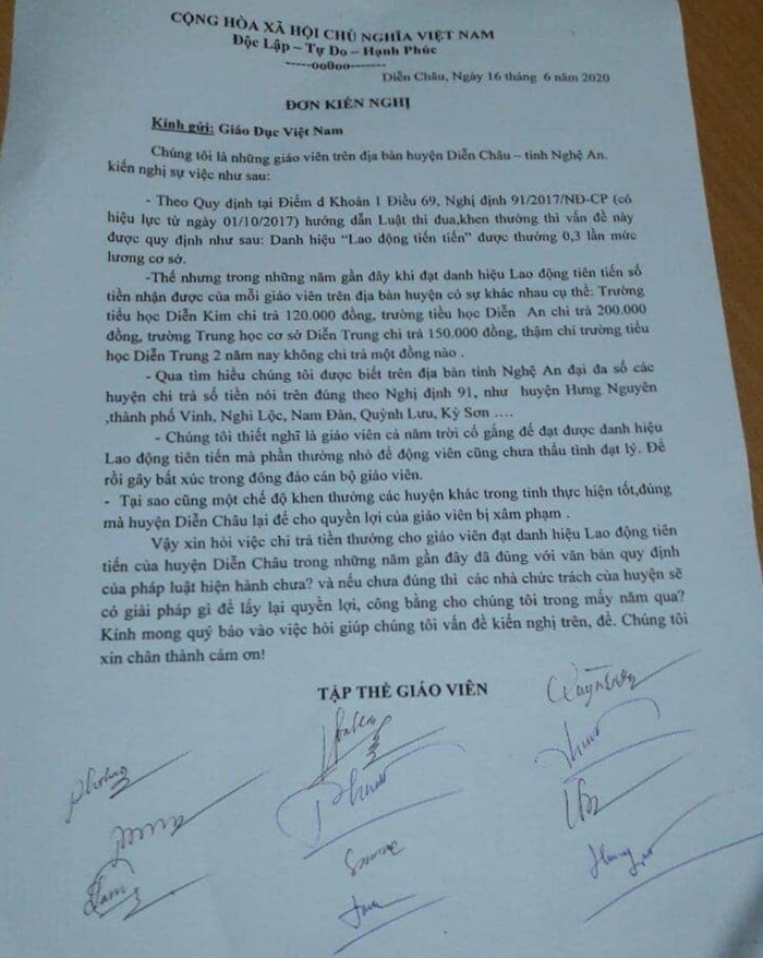 Phản ánh của giáo viên huyện Diễn Châu đến Giáo dục Việt Nam (Ảnh:NVCC)