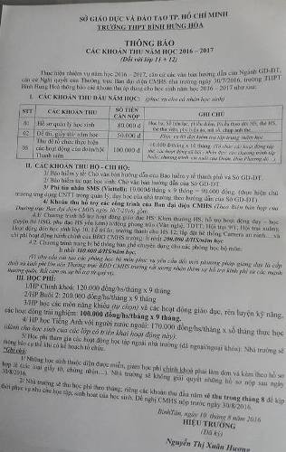 Bảng thông báo các khoản thu đầu năm học của Trường Bình Hưng Hòa. (ảnh: P.L)