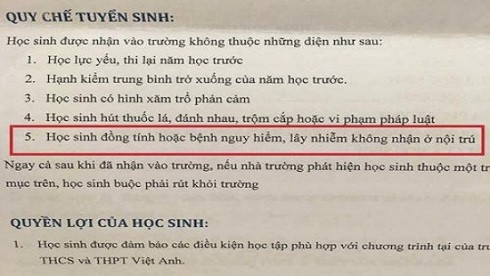 Quy chế tuyển sinh của Trường Việt Anh ghi rõ không nhận học sinh đồng tính ở nội trú. Quy chế tuyển sinh của Trường Việt Anh ghi rõ không nhận học sinh đồng tính ở nội trú.