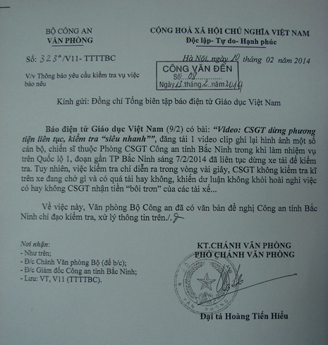 Công văn của Bộ Công an đề nghị Công an tỉnh Bắc Ninh kiểm tra, xử lí thông tin kiểm tra "siêu nhanh" trên Quốc lộ 1A mà trước đó Báo Giáo dục Việt Nam phản ánh Công văn của Bộ Công an đề nghị Công an tỉnh Bắc Ninh kiểm tra, xử lí thông tin kiểm tra "siêu nhanh" trên Quốc lộ 1A mà trước đó Báo Giáo dục Việt Nam phản ánh