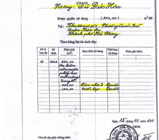 Giấy chứng nhận quyền sử dụng đất của ông Hòa, 350 m2 là diện tích làm nhà ở lâu dài và vườn tạp. Giấy chứng nhận quyền sử dụng đất của ông Hòa, 350 m2 là diện tích làm nhà ở lâu dài và vườn tạp.