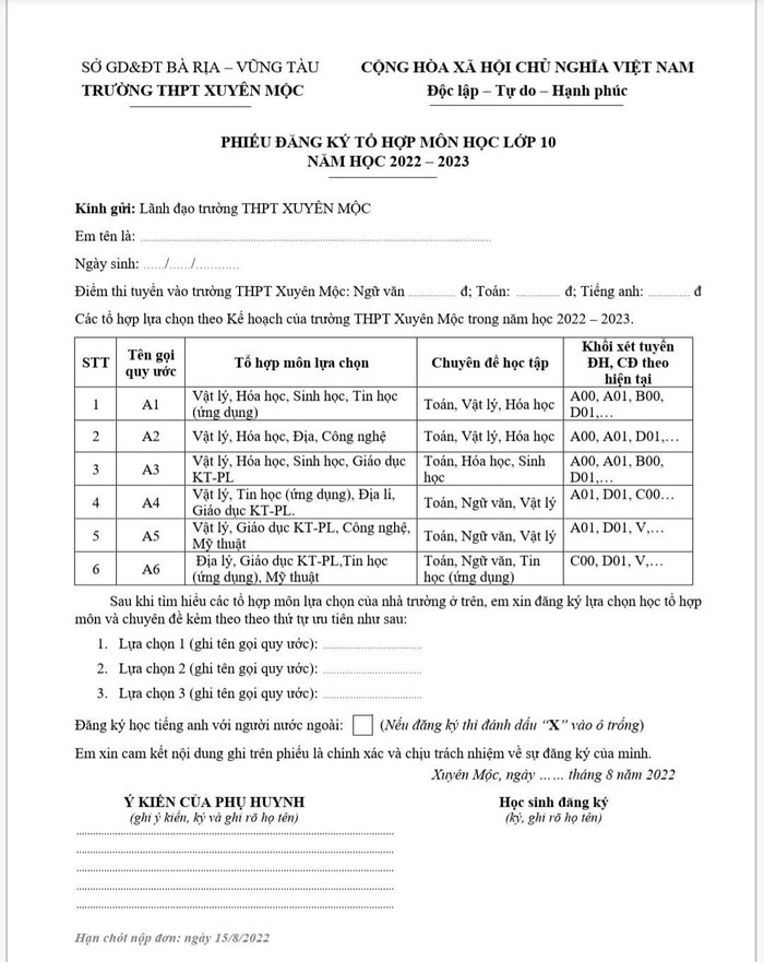 Phiếu đăng ký tổ hợp môn học lớp 10 của Trường Trung học phổ thông Xuyên Mộc. (Ảnh: Sơn Quang Huyến) Phiếu đăng ký tổ hợp môn học lớp 10 của Trường Trung học phổ thông Xuyên Mộc. (Ảnh: Sơn Quang Huyến)