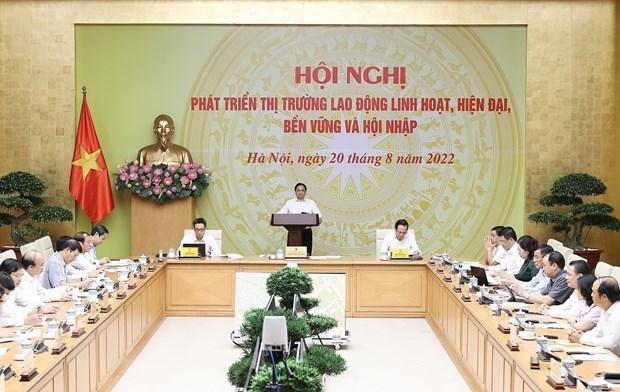 Thủ tướng Phạm Minh Chính chủ trì Hội nghị trực tuyến toàn quốc về "Phát triển thị trường lao động linh hoạt, hiện đại, bền vững và hội nhập." (Ảnh: Dương Giang/TTXVN) Thủ tướng Phạm Minh Chính chủ trì Hội nghị trực tuyến toàn quốc về "Phát triển thị trường lao động linh hoạt, hiện đại, bền vững và hội nhập." (Ảnh: Dương Giang/TTXVN)