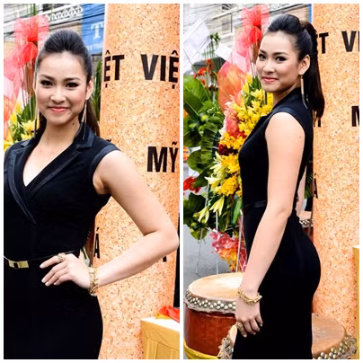 Dù đã khoác lên mình chiếc đầm đen để che đi sự tăng cân thấy rõ của mình, nhưng thiết kế đầm sát nách lại "tố cáo" cánh tay to lên rất nhiều của Vũ Thu Phương