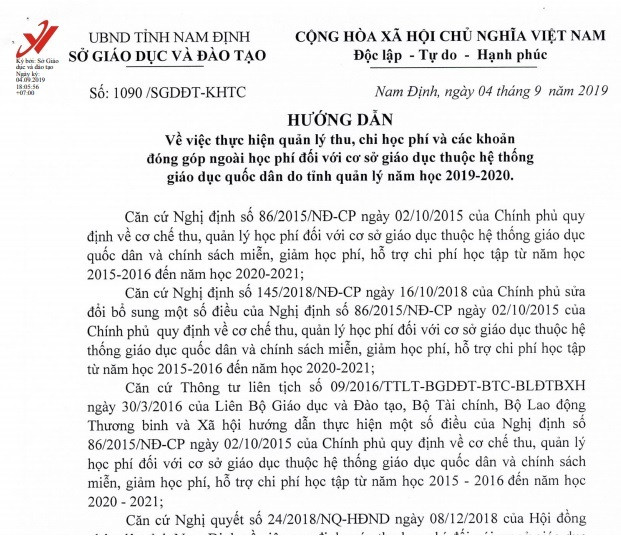 Công văn hướng dẫn thu các khoản học phí và ngoài học phí của Sở Giáo dục và Đào tạo tỉnh Nam Định (Ảnh:N.D) Công văn hướng dẫn thu các khoản học phí và ngoài học phí của Sở Giáo dục và Đào tạo tỉnh Nam Định (Ảnh:N.D)