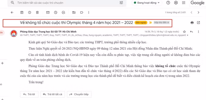 Thông báo hủy cuộc thi Olympic tháng 4 của Phòng Giáo dục Trung học - Sở Giáo dục và Đào tạo Thành phố Hồ Chí Minh (Ảnh: Ánh Dương)