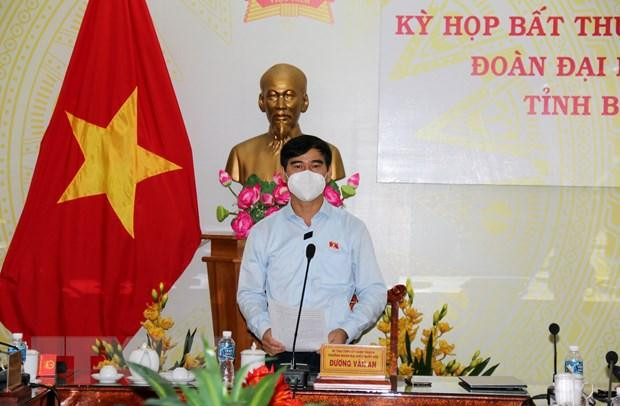 Bí thư Tỉnh ủy, Trưởng đoàn Đại biểu Quốc hội đơn vị Bình Thuận Dương Văn An phát biểu thảo luận tại tổ. (Ảnh: Nguyễn Thanh/TTXVN)