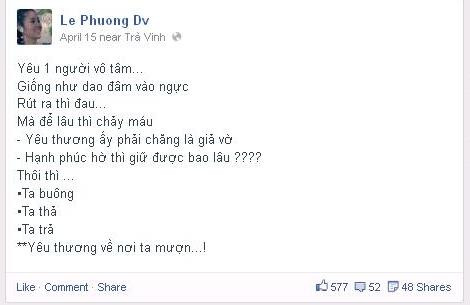 Status tâm trạng gần đây: Thôi thì ta buông, ta thả, ta trả yêu thương về nơi ta mượn... Status tâm trạng gần đây: Thôi thì ta buông, ta thả, ta trả yêu thương về nơi ta mượn...