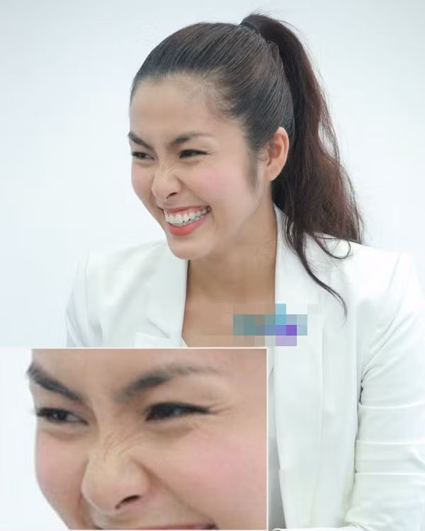 Đuôi mắt, sống mũi và cả khóe miệng của Tăng Thanh Hà đều đã bắt đầu 'nhăn nheo'