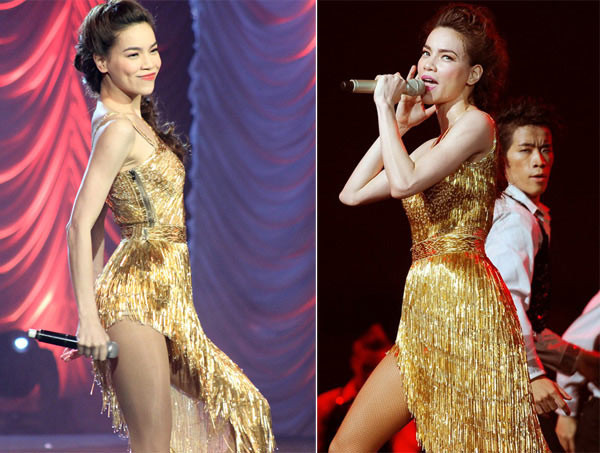 2. Lợi dụng ánh đèn của sân khấu, Hồ Ngọc Hà biết cách tỏa sáng ở mọi góc nhìn với bộ đầm tua rua, tông vàng nổi bật của NTK Công Trí