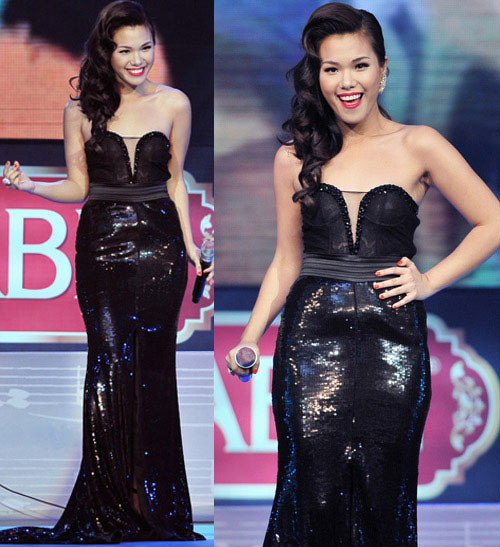 5. Phương Vy bất ngờ xinh đẹp với bộ đầm sequin gam màu đen sang trọng. Phần nhấn nhá xẻ ngực sâu khiến người đẹp trở nên gợi cảm và thu hút hơn trên sân khấu