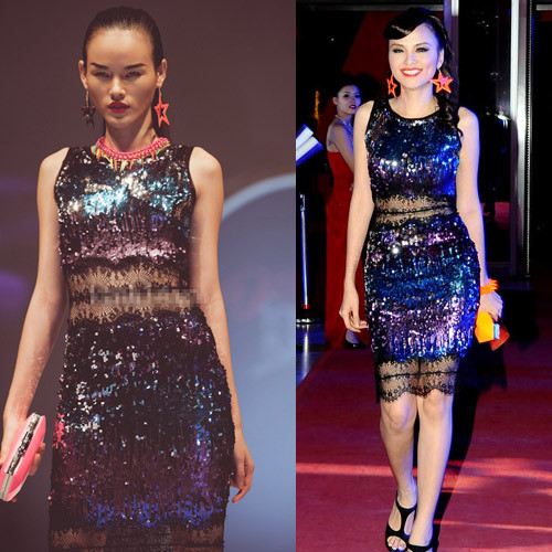 6. Chiếc váy sequin tông xanh, tím được nhấn bởi lớp ren mỏng phần bụng, đùi rất đẹp mắt đã khiến Tuyết Lan và Diễm Hương vô cùng nổi bật