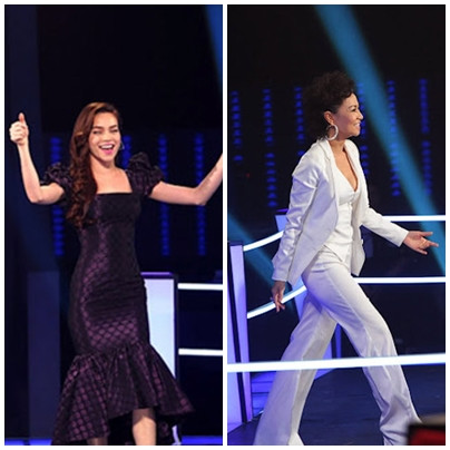 Đêm Liveshow 3, Hồ Ngọc Hà vẫn theo đuổi phong cách nữ sinh sang trọng của mình với chiếc váy đuôi cá kẻ ô màu tím sậm còn Thu Minh vô cùng cá tính với phong cách tomboy