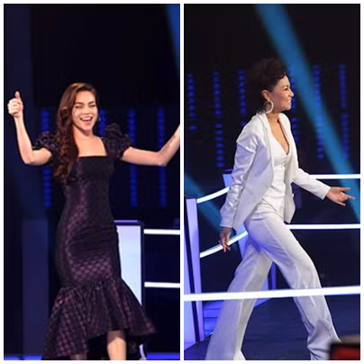 Đêm Liveshow 3, Hồ Ngọc Hà vẫn theo đuổi phong cách nữ sinh sang trọng của mình với chiếc váy đuôi cá kẻ ô màu tím sậm còn Thu Minh vô cùng cá tính với phong cách tomboy