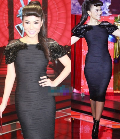 Chiếc đầm ôm sát cơ thể này của Thu Minh mang thương hiệu Badgley Mischka khoảng 40 triệu đồng và đôi bốt cổ ngắn của thương hiệu Alexander McQueen có giá khoảng 50 triệu đồng.