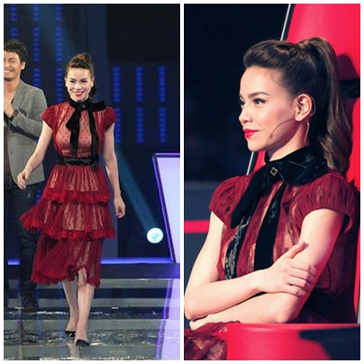 Đêm Liveshow 4, Hà Hồ diện một thiết kế đầm xếp lớp, chất liệu voan xuyên thấu tôn lên nét sang trọng, cổ điển và vóc dáng nuột nà của mình