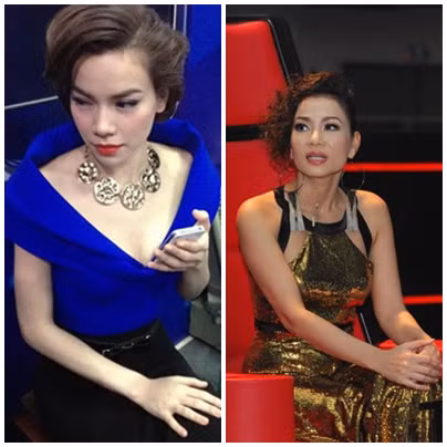 Đêm Liveshow 1, Thu Minh xuất hiện cùng một chiếc jumsuit ống rộng, thiết kế cut-out phần thân trên cầu kỳ, còn Hồ Ngọc Hà hóa thân thành nàng công chúa với bút chì high - low cách điệu và sơ mi cổ rộng tone xanh cobalt.