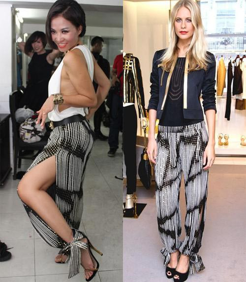 1. Quần xẻ Gucci của Thu Minh Chiếc quần Gucci có giá gần 1000 đô của Thu Minh mang đến cho cô không ít phiền toái. Đầu tiên là việc hình ảnh của cô khi mặc món hàng hiệu này bị đem ra so sánh với một người mẫu nước ngoài. Trong khi cũng với chiếc quần này, người mẫu Poppy được khen ngợi là thanh lịch thì nữ giám khảo The Voice lại nhận được những lời che bai tả tơi vì lối kết hợp lôi thôi, làm giảm giá trị thực của sản phẩm. Cô kết hợp nó với chiếc áo khoét vô cùng thông thoáng và cũng chính chiếc áo này khiến Thu Minh nhận phải án phạt từ Sở văn hóa thể thao và du lịch vì sự phản cảm.