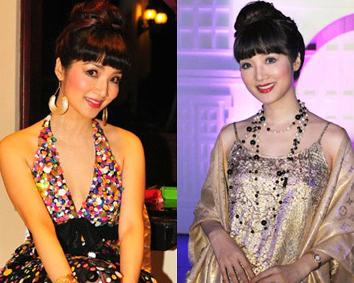 Để mái bằng và búi tóc lên giữa đỉnh đầu style quen thuộc của Giáng My.