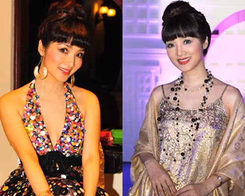 Để mái bằng và búi tóc lên giữa đỉnh đầu style quen thuộc của Giáng My.
