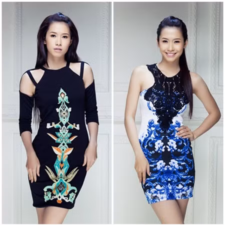 Phan Thu Quyên diện đầm ôm sát có họa tiết đối xứng nổi bật.