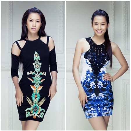 Phan Thu Quyên diện đầm ôm sát có họa tiết đối xứng nổi bật.